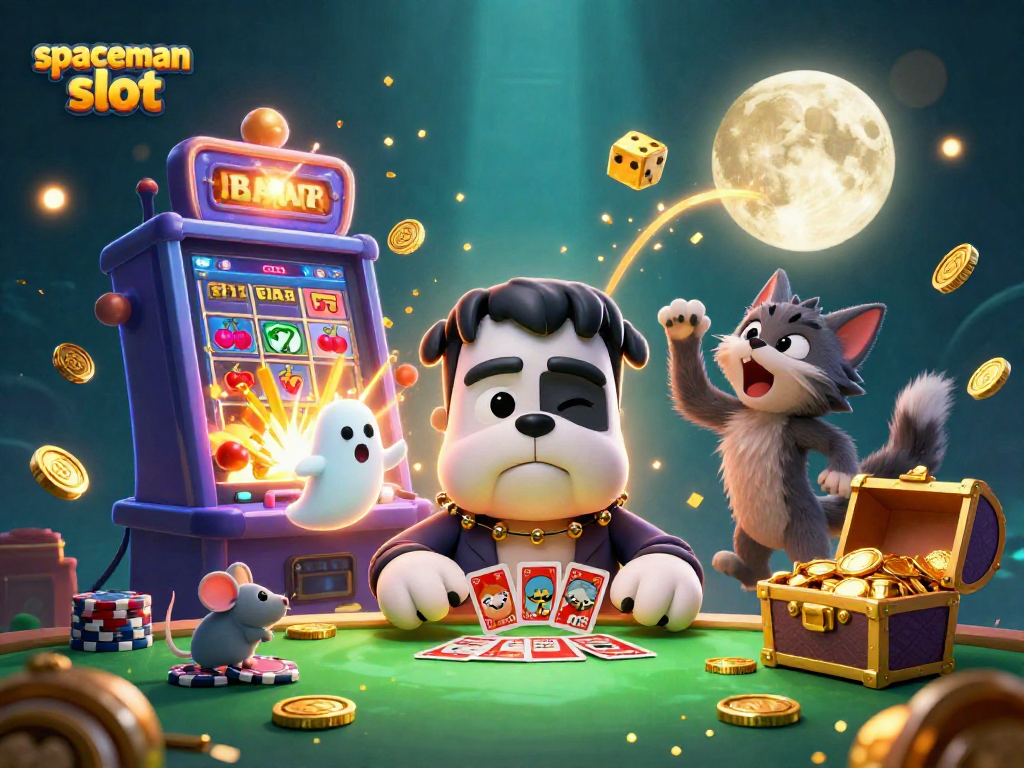 Engage in thrilling gameplay with Spaceman Slot, showcasing vibrant 3D characters amidst festive casino elements.