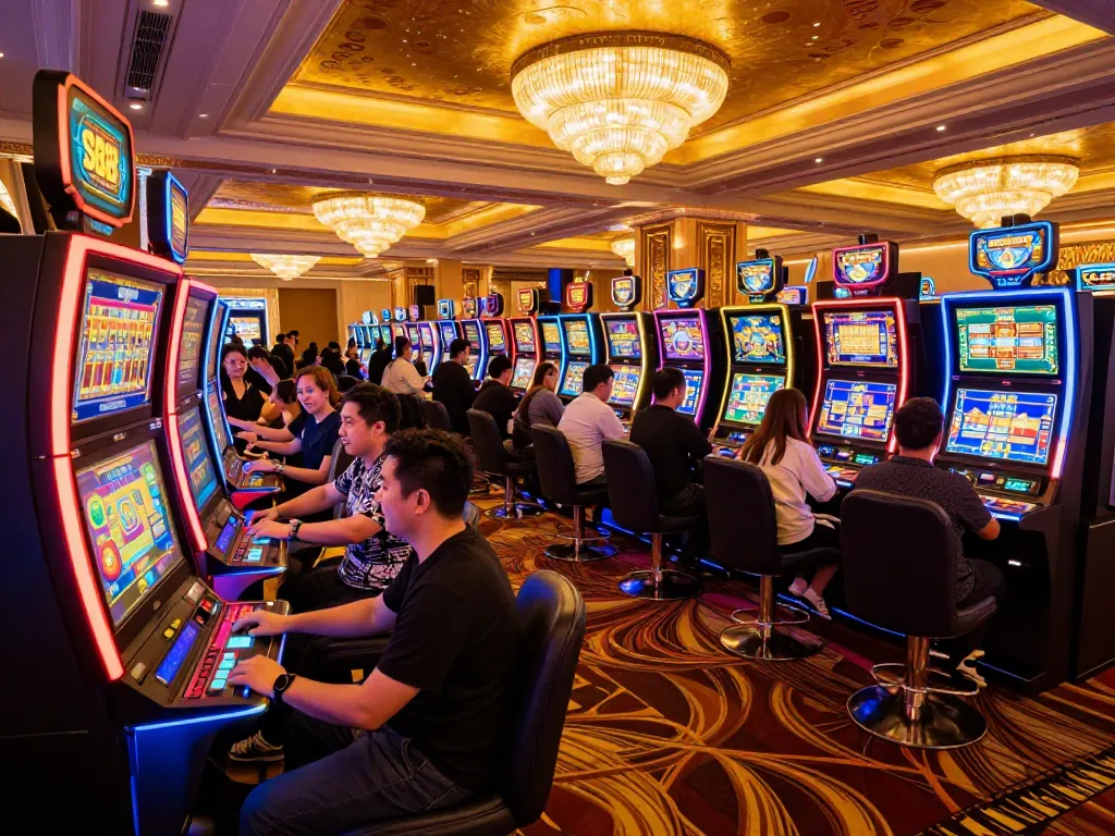 Engaged players celebrating wins on SC88 slot machines in a vibrant casino.