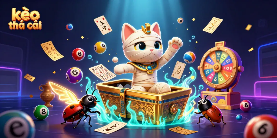 Engage with the kèo nhà cái scene featuring an Egyptian mummy cat and vibrant gaming elements celebrating the thrill of betting.
