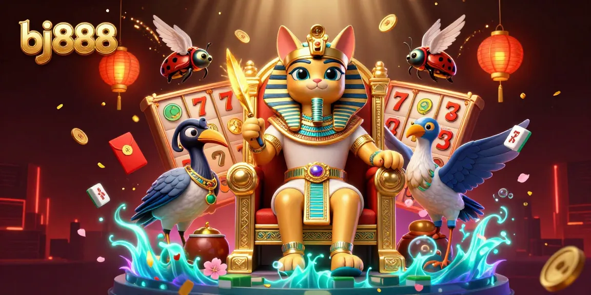 Experience thrilling slot games at bj888 with vibrant visuals of a 3D pharaoh cat and dynamic casino elements.