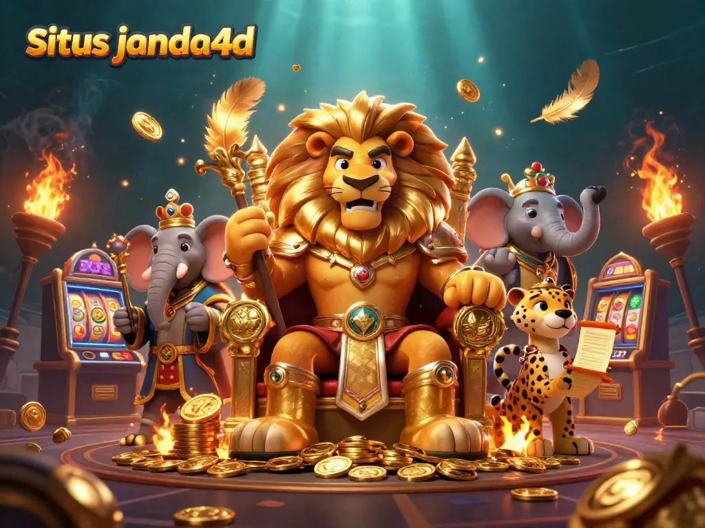 Gambarkan promo permainan di situs janda4D dengan raja singa dan elemen kasino menarik.