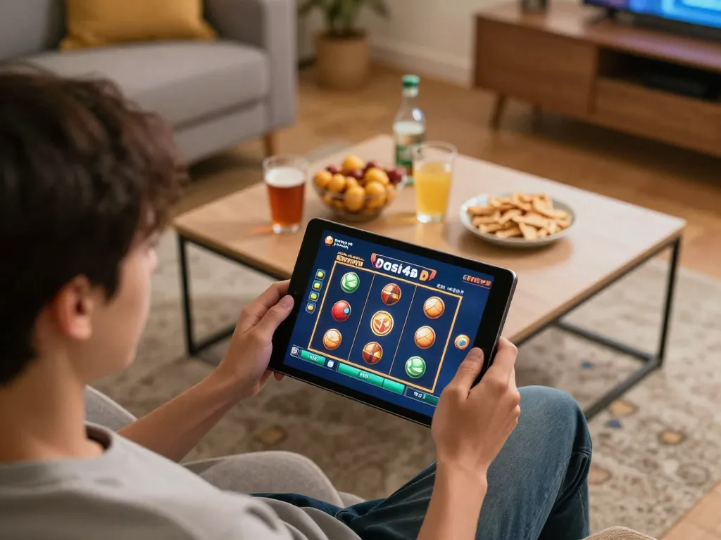 Bermain dasi4d slot di tablet di ruang tamu yang nyaman, menunjukkan suasana perjudian yang santai.