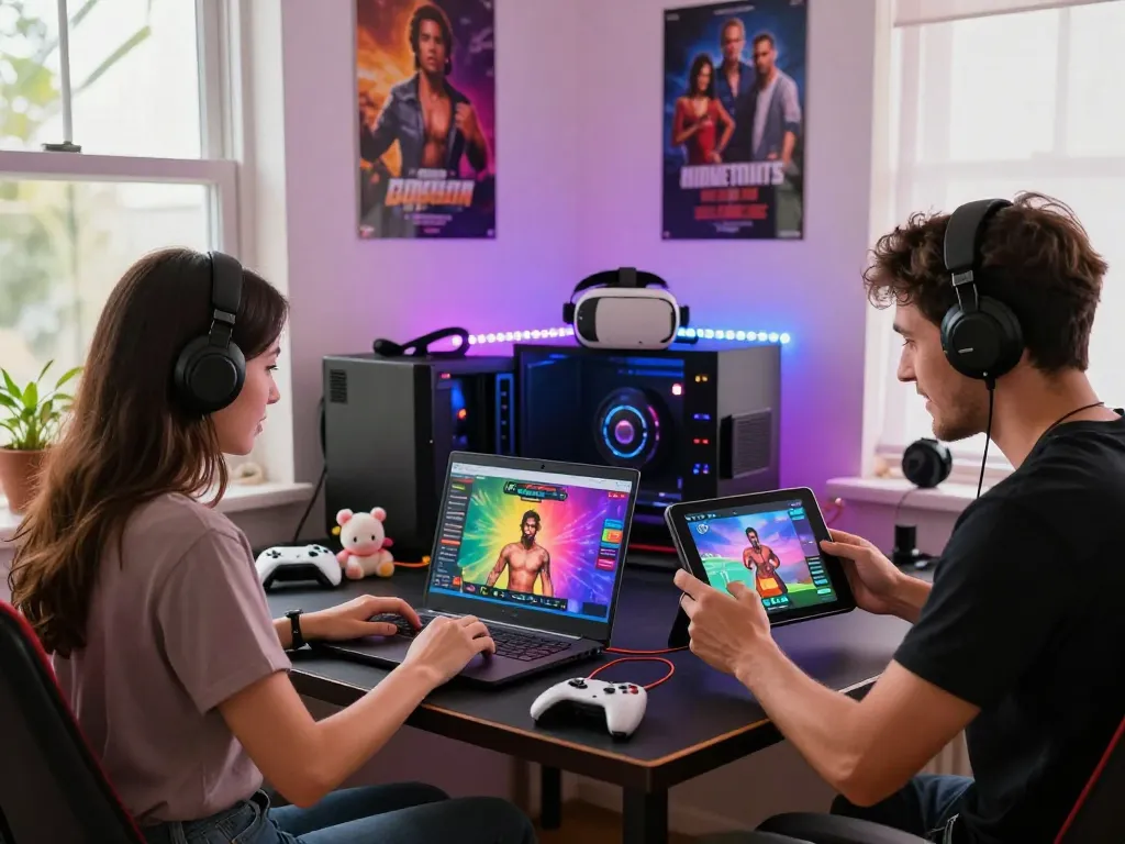Engaged players enjoying exciting porngames on multiple devices in a cozy gaming space.