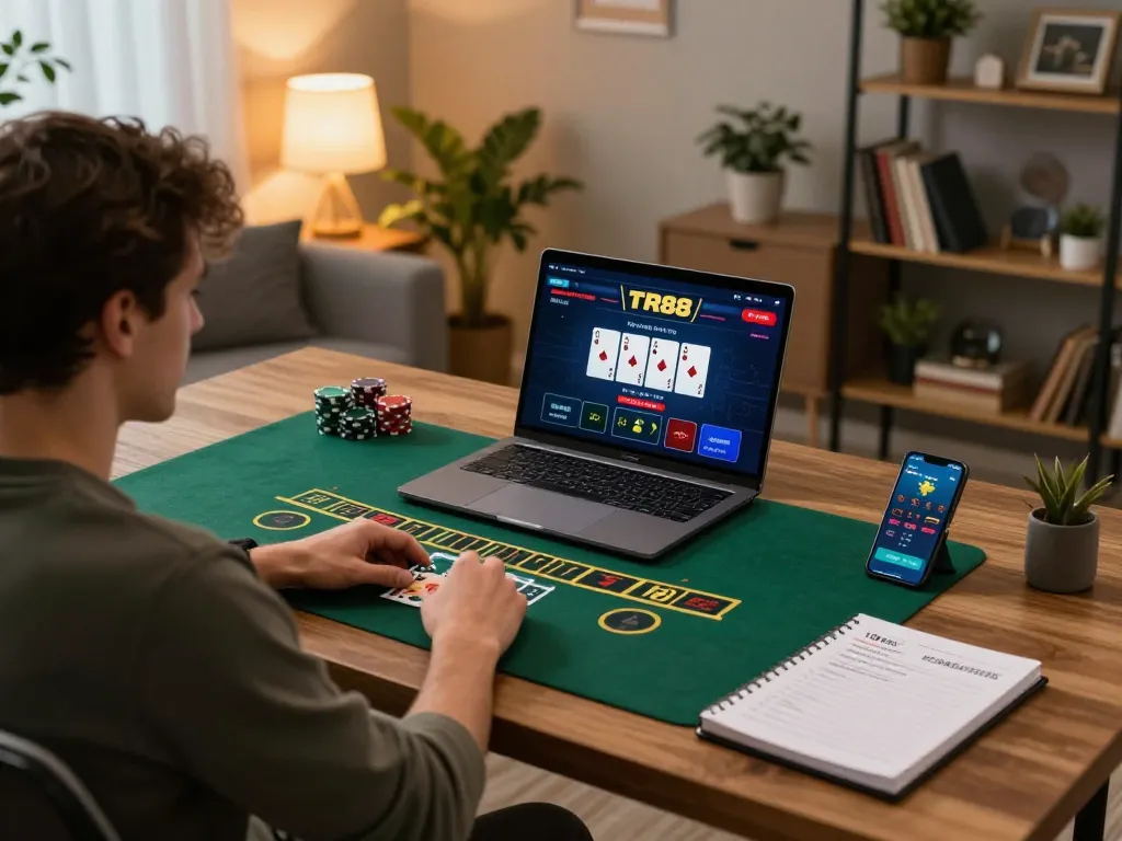 Player enjoying TR88 live dealer blackjack on a laptop, showcasing strategic gaming at home.