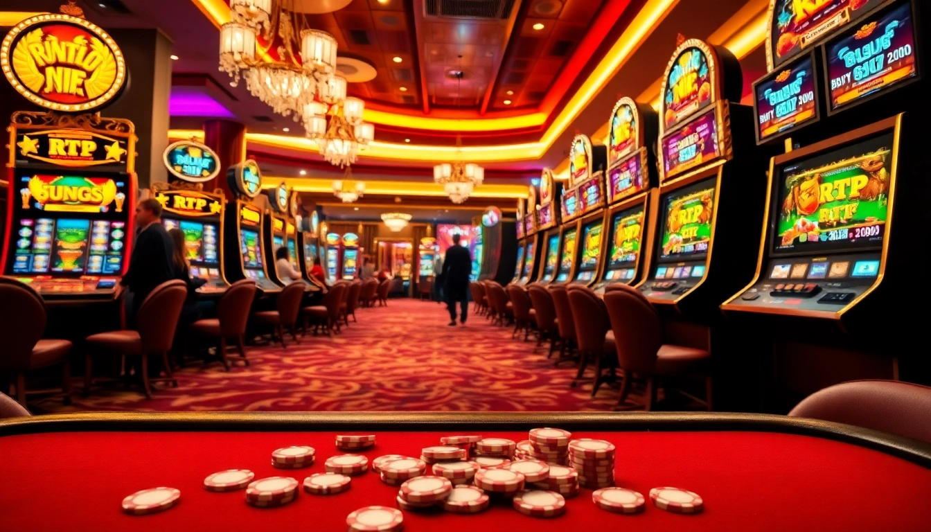 Players enjoying RTP Slot Live at luxurious casino slot machines, immersed in excitement.
