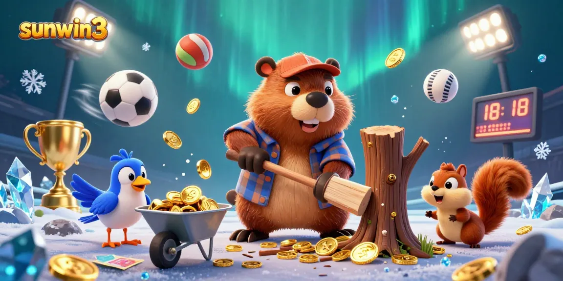 Experience thrilling wins at sunwin3 as a charming beaver chops a tree raining gold coins, amid sports and gaming elements.