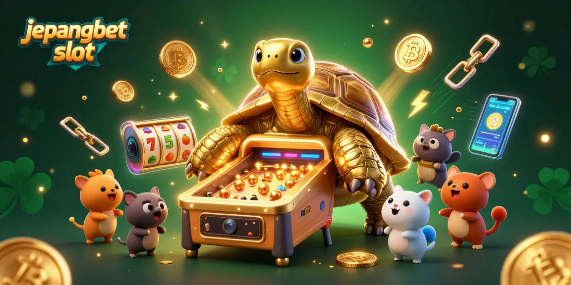 Experience the excitement of jepangbet slot with a vibrant, lively casino scene featuring a golden tortoise and energetic animals.