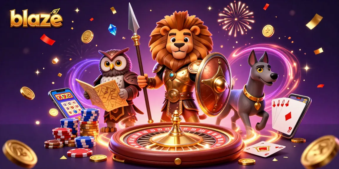 Experience gaming excitement with blaze as a Spartan lion and friends celebrate winnings in a vibrant casino.