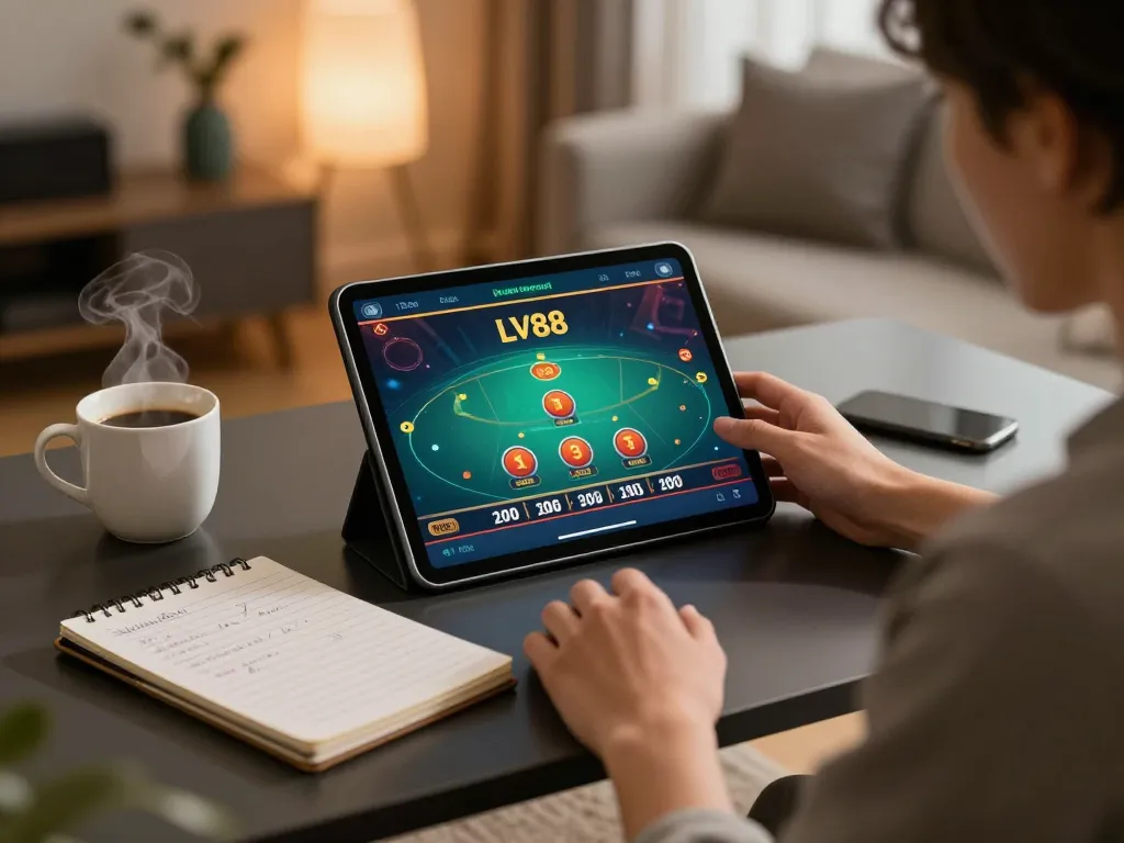 Engaging online gambling experience on LV88 with a player using a tablet at home.