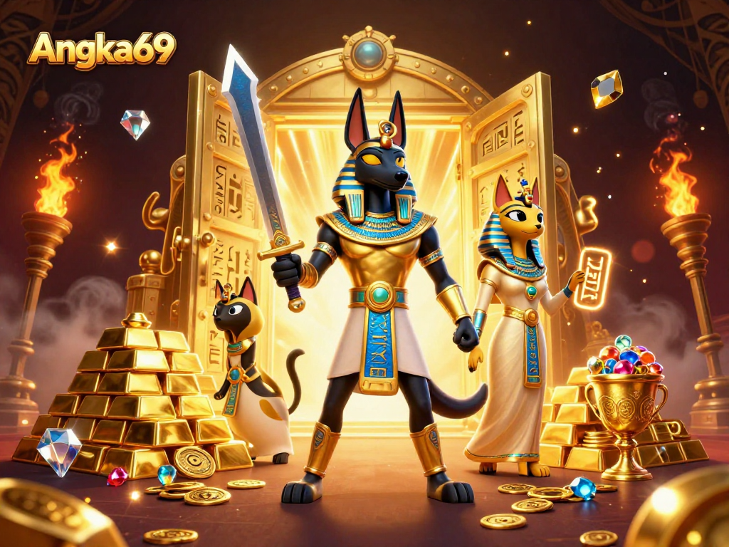 Experience Angka69 with Anubis and Bastet in an exciting 3D casino scene full of treasure and games.
