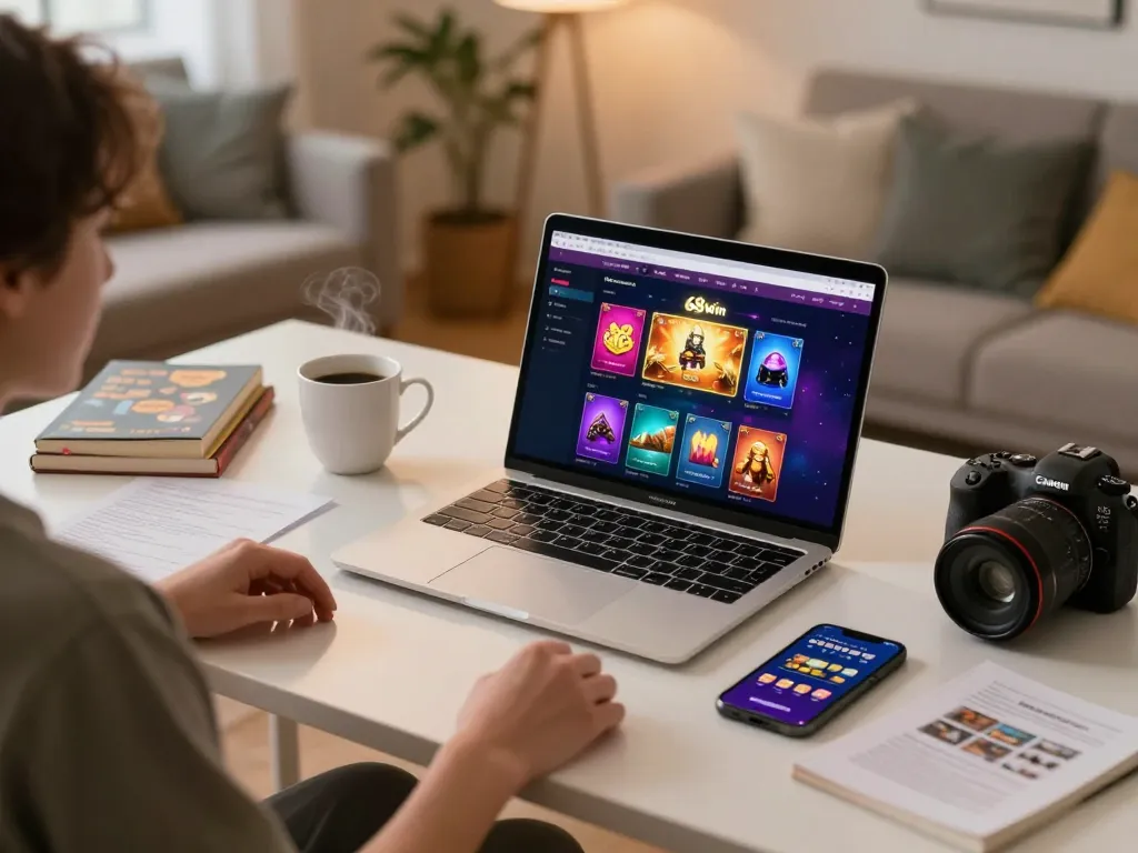 A player engaging in online casino gaming on 68win, showcasing a vibrant gaming setup with laptop and smartphone.