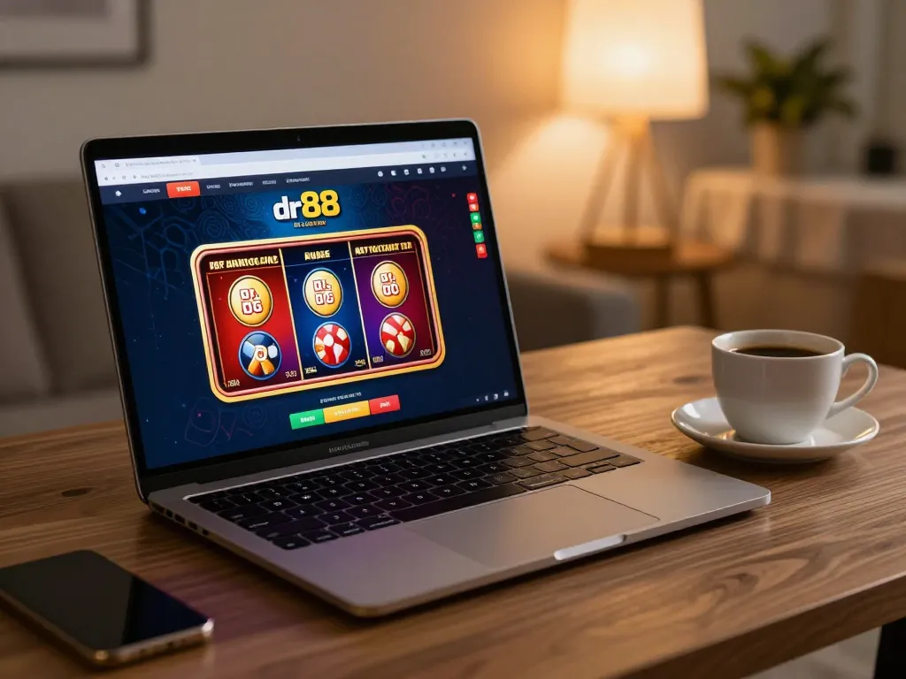 Engaging in online casino games at dr88, showcasing a vibrant laptop interface.