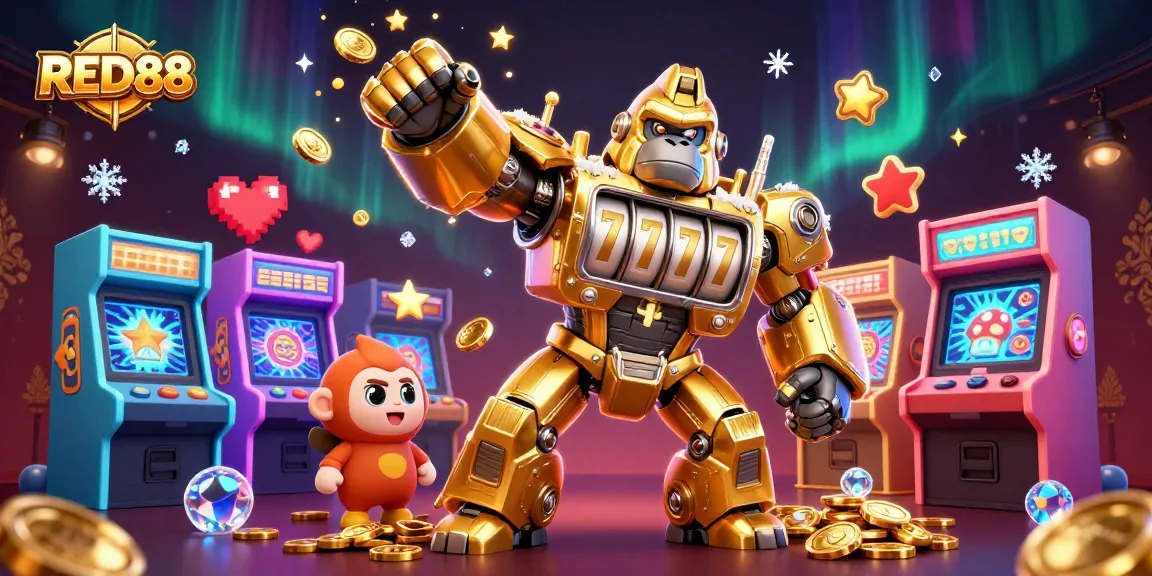 Play slots with RED88 at an exciting casino illustration featuring a golden gorilla mech.