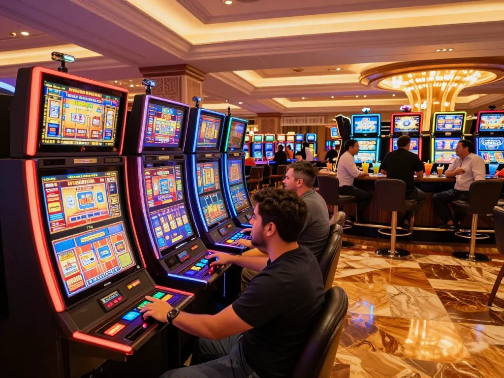 SUNWIN slot machines lighting up the casino floor as players engage in thrilling gameplay, capturing the excitement of gambling.