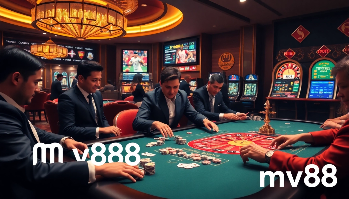 Intense gamblers engaging at a luxurious casino table featuring mv88, poker chips, and a roulette wheel.