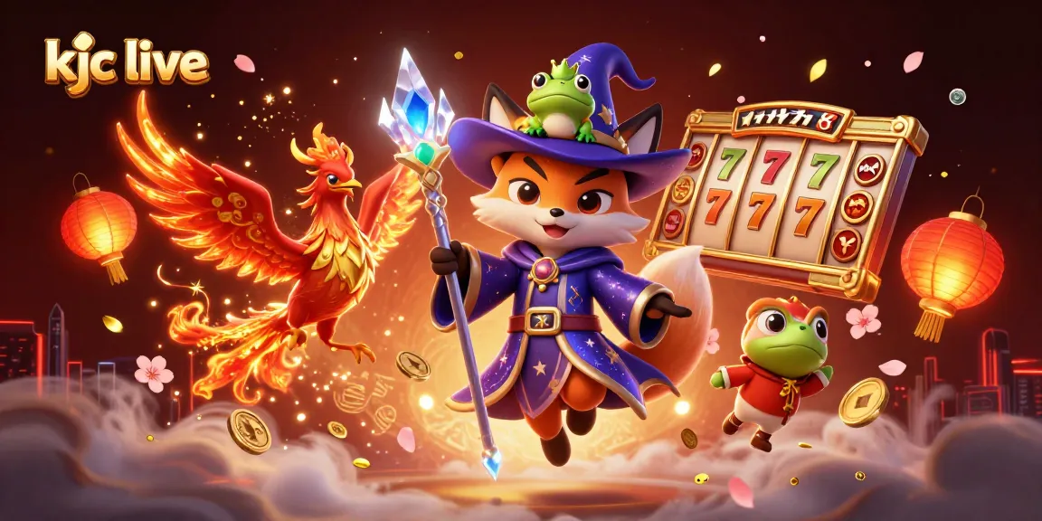 Experience kjc live action with a mystical wizard, phoenix, and casino elements in vibrant 3D illustration.