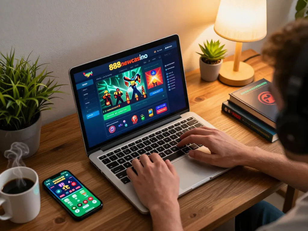 Player enjoying an exciting game session at 888newcasino, focusing on laptop screen with vibrant gaming graphics.