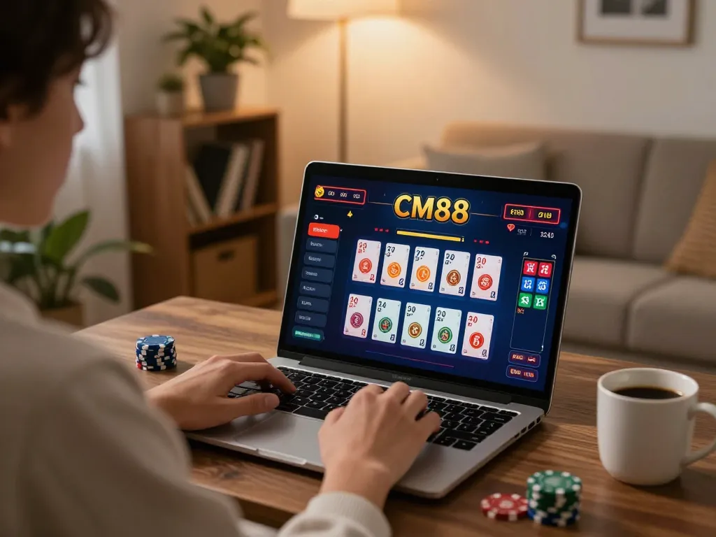 Engaging cm88 online gaming experience with a player enjoying casino games at home