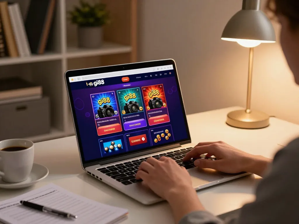 Experience thrilling online gaming at gi88 with a player focused on their laptop, enjoying a cozy atmosphere.