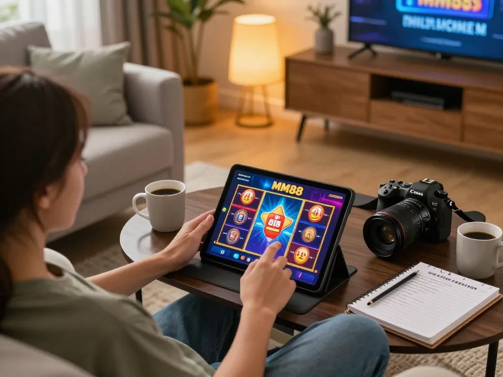 An engaged player exploring exciting online slots at https://mm88.today/ on a tablet during a cozy gaming session.