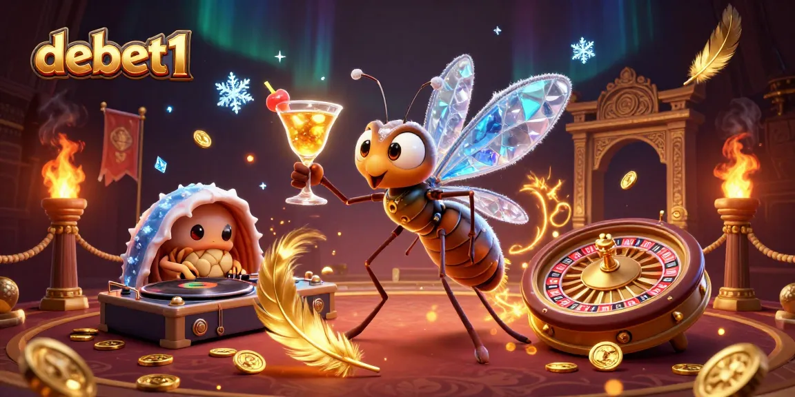 Experience debet1 gaming with a frozen mosquito mascot and trilobite DJ in a vibrant casino scene.
