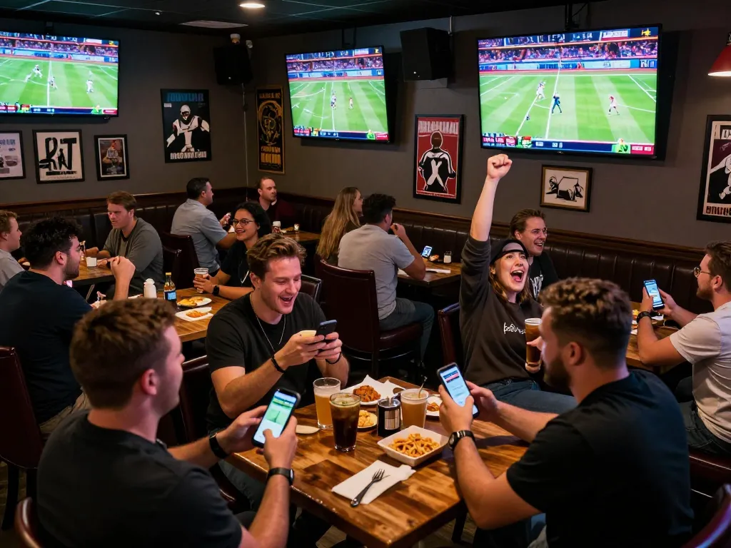 Betting excitement at cm88 in a lively sports bar, patrons eagerly watching games and placing bets.