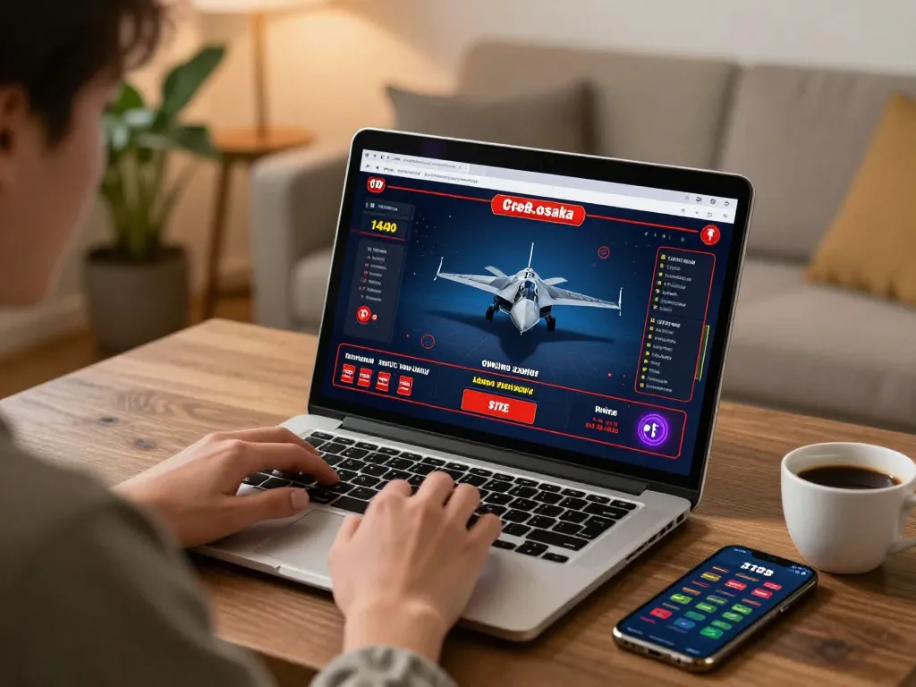 Player engaging with f168.osaka online casino on laptop in cozy home setting, promoting responsible gambling.