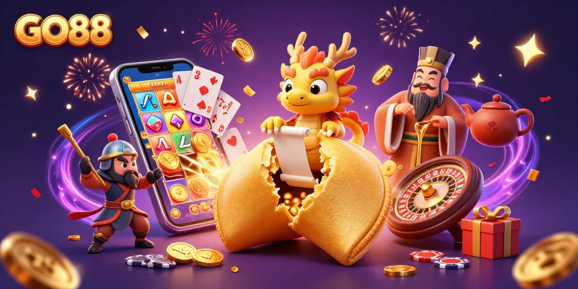Experience exciting gambling at GO88 with a vibrant 3D scene featuring colorful games and festive elements.