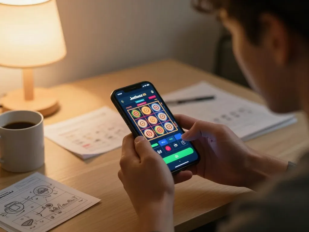 Person strategizing on Jeetbuzz 88 app while preparing for an online casino session.