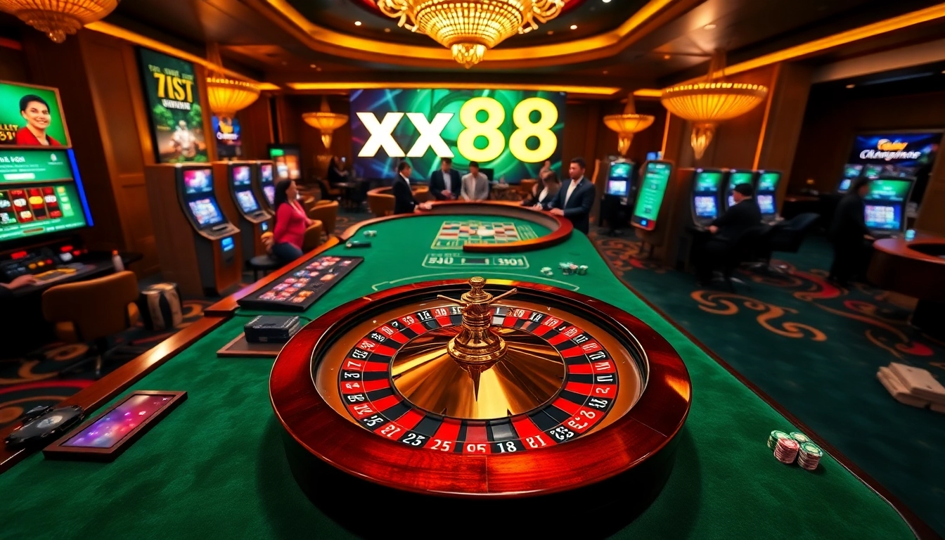 Engaging scene of online gambling at xx88 with a roulette wheel and poker action.