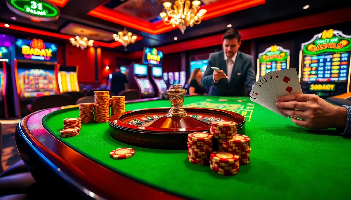 8DAY casino scene featuring vibrant poker chips, roulette wheel, and enthusiastic gamblers in an upscale environment.