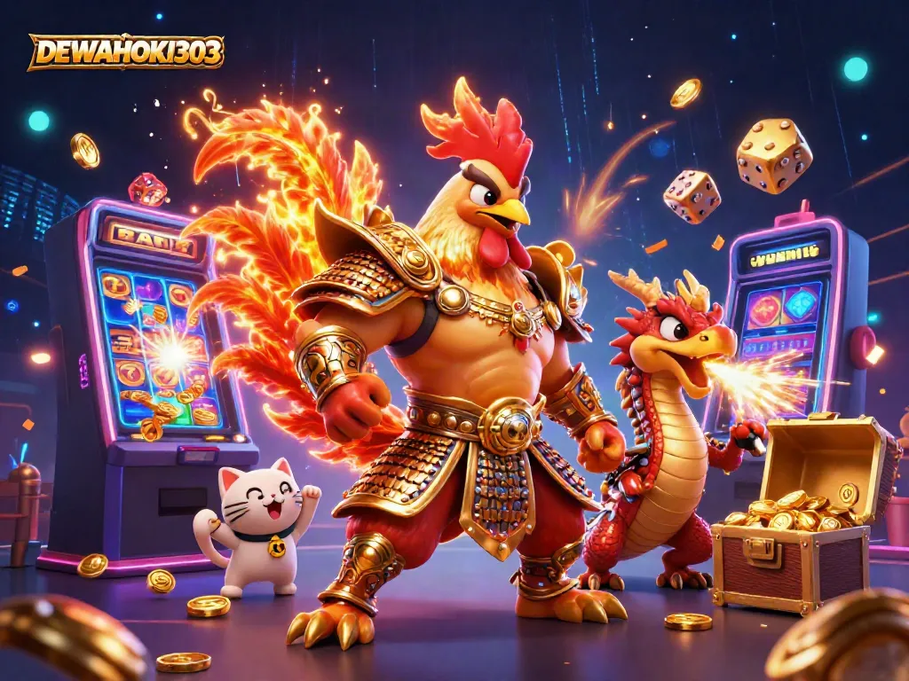 DEWAHOKI303 menghadirkan momen menang besar dalam slot dengan ilustrasi penuh warna dan elemen jackpot yang dinamis.