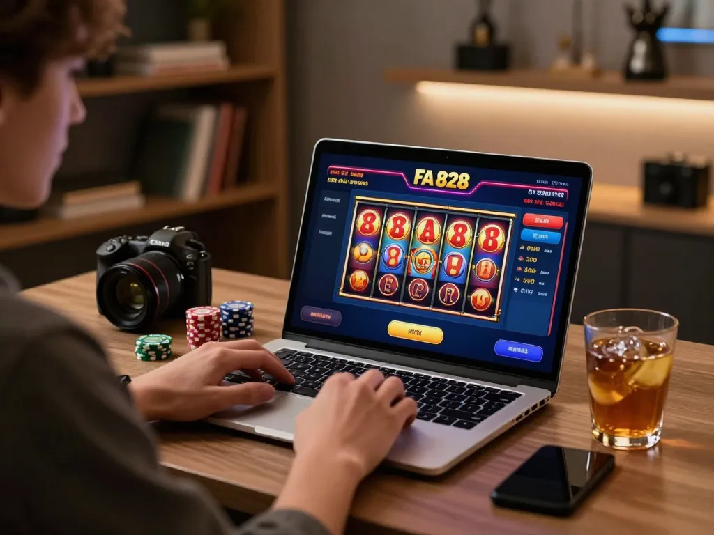 Engaged player enjoying FAFA 828 online slot game on a sleek laptop in a cozy setup.