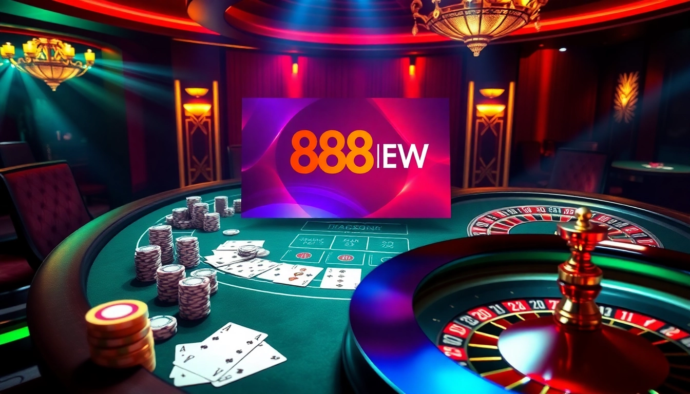 Exciting casino scene featuring "Trang chủ 888NEW" with poker chips and roulette.