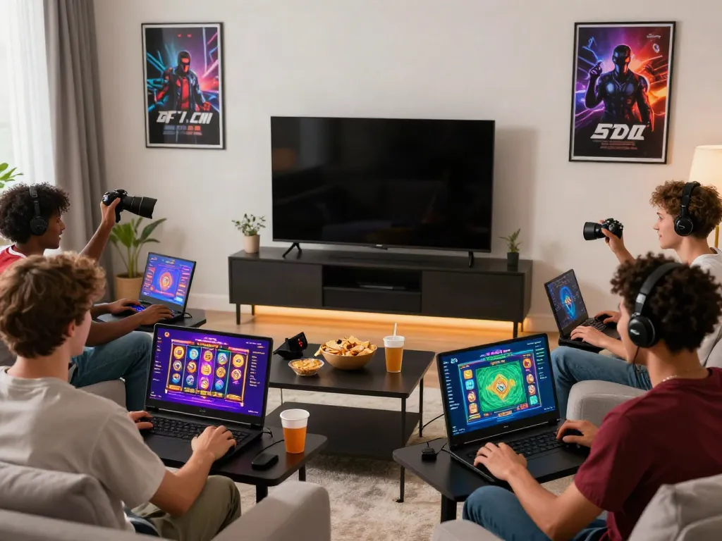 A lively online gaming night with friends enjoying akunjp slot games in a stylish living room.