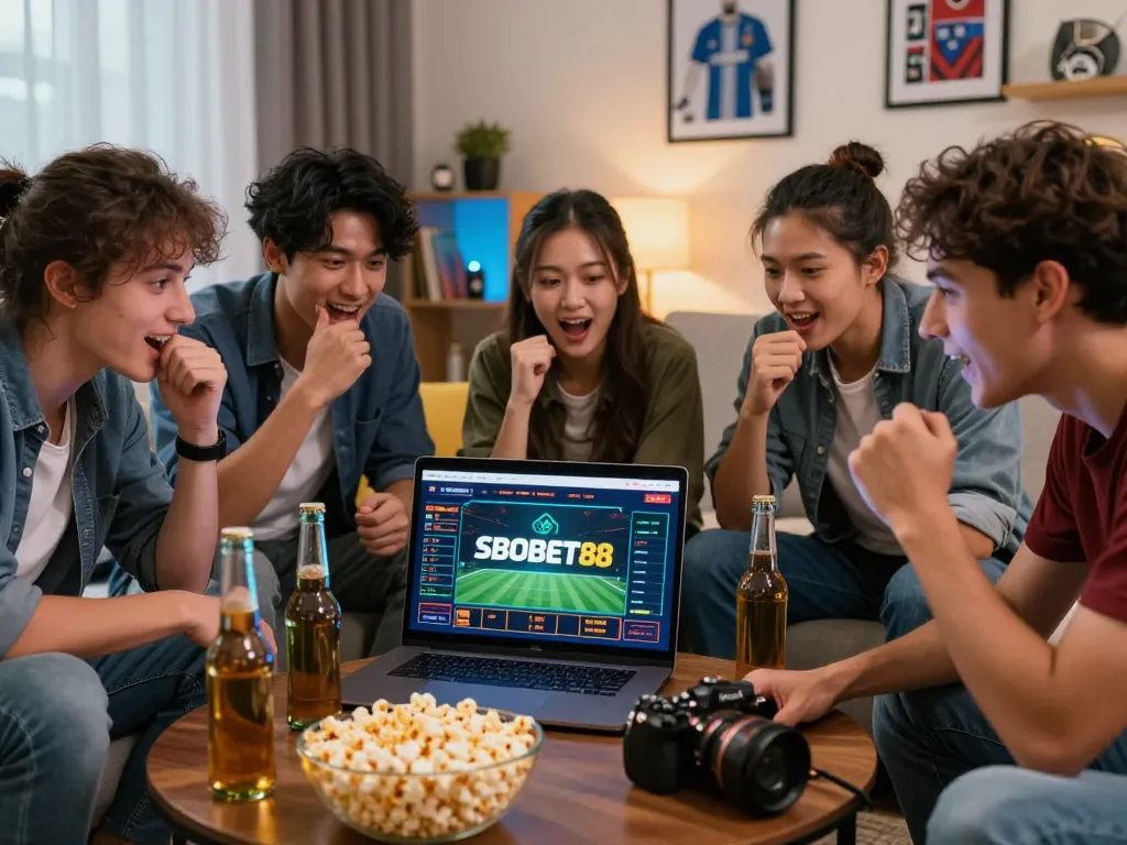 Friends enjoying sports betting on SBOBET88 in a vibrant living room.