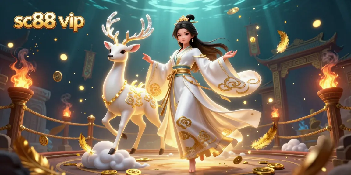 Experience sc88 vip with an enchanting Asian woman and celestial deer in a stunning casino-themed illustration.
