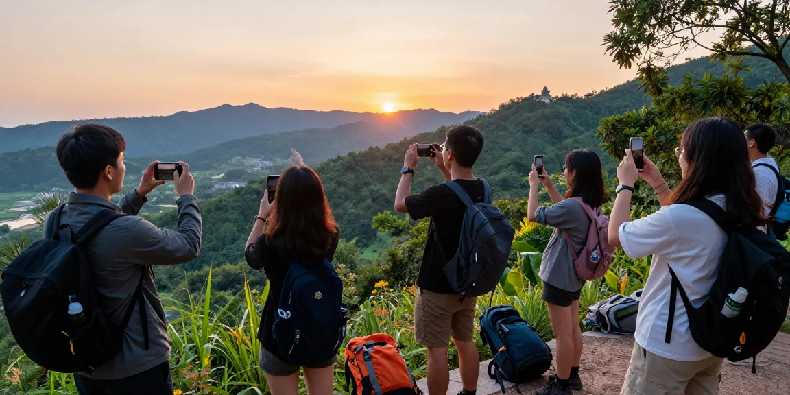 Pemandangan indah terjun4d saat teman-teman berbagi momen petualangan di puncak bukit.