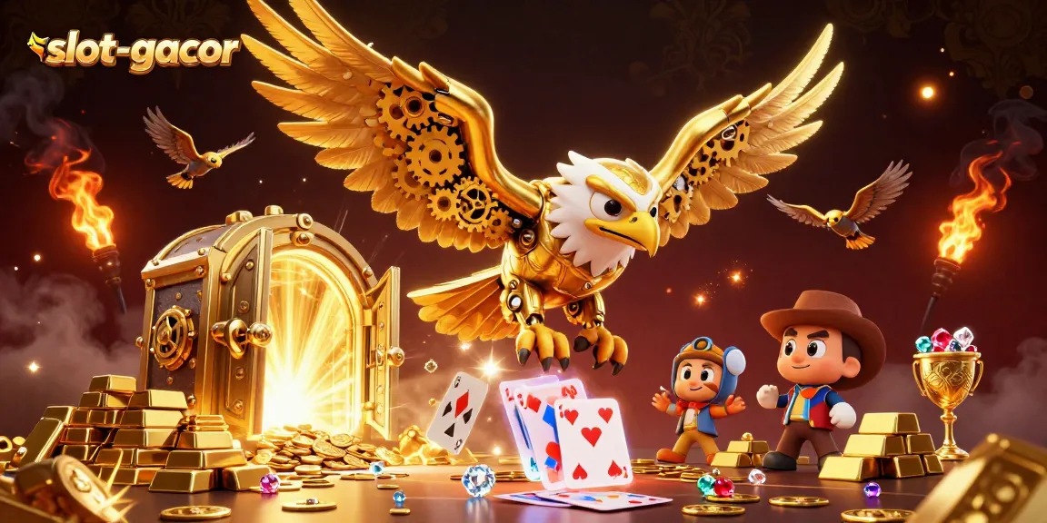 Engage in thrilling slot-gacor adventures with a powerful cybernetic eagle surrounded by dazzling treasures.