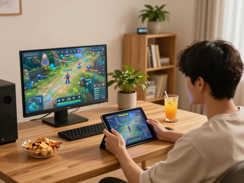 Mega888 Malaysia gaming setup with player using tablet in cozy home environment, snacks on table