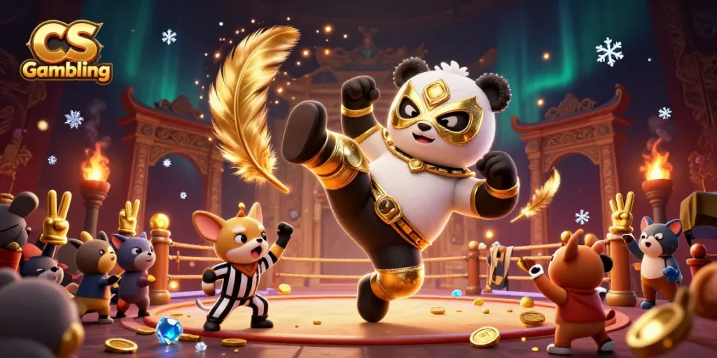Experience the thrill of CS Gambling with a panda wrestler kicking in a lively casino arena.