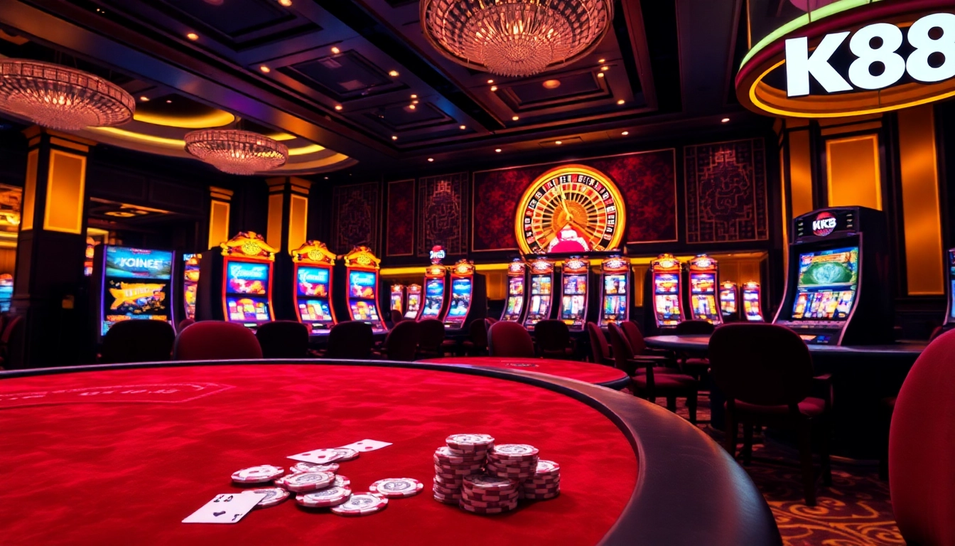 K88 gaming experience featuring vibrant slot machines and elegant poker tables in a luxurious casino setting.