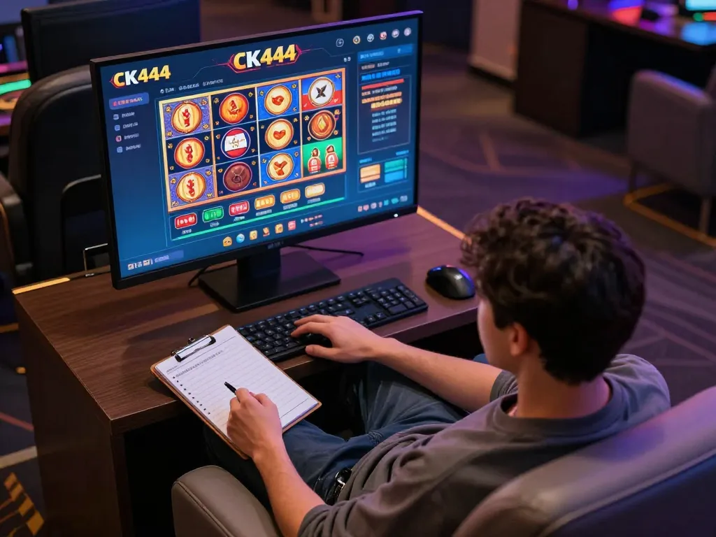 Player enjoying CK444 online slots on a tablet, showcasing vibrant game interface and cozy gaming setup.