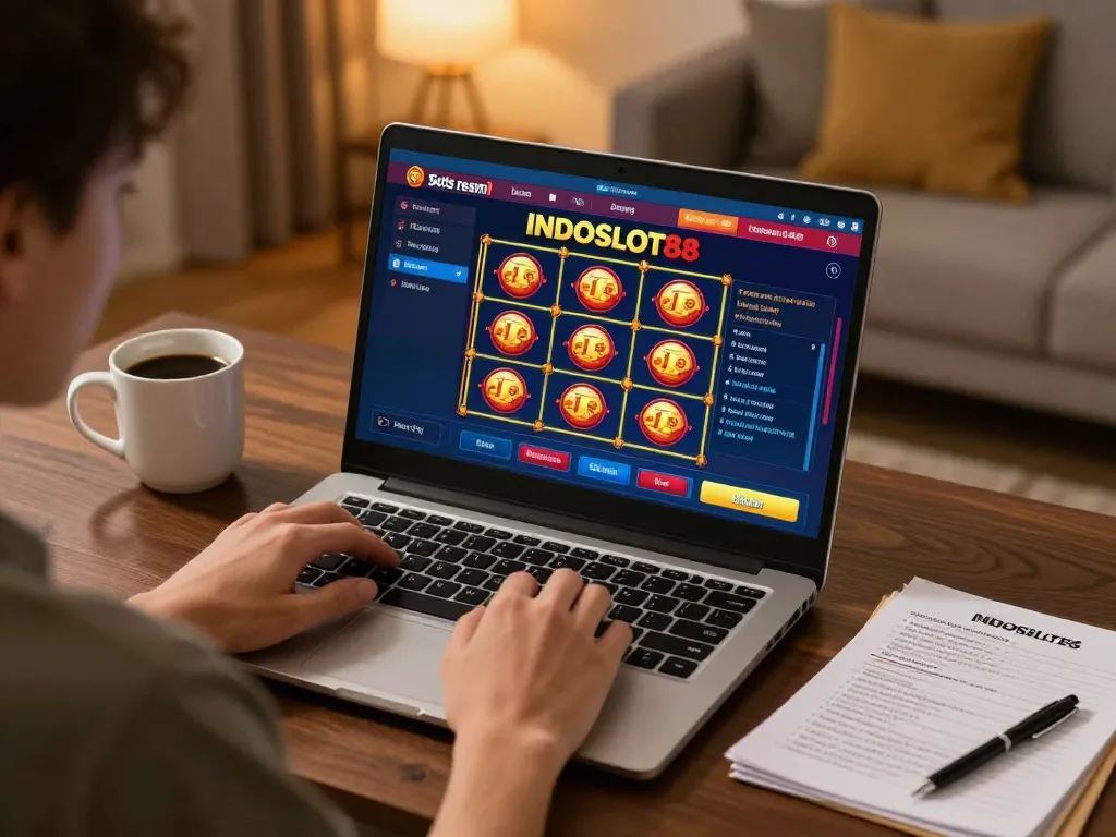situs resmi INDOSLOT88 player enjoying online slots with strategy notes and coffee