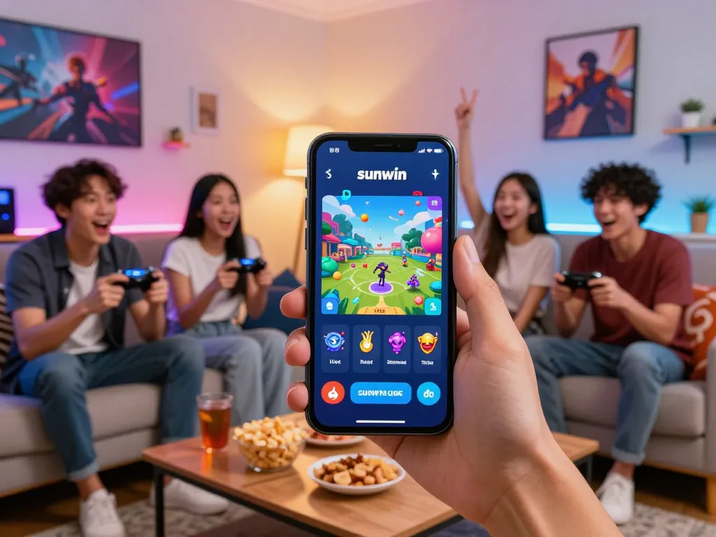 Friends engaged in a lively gaming session with the tải sunwin app on a smartphone.