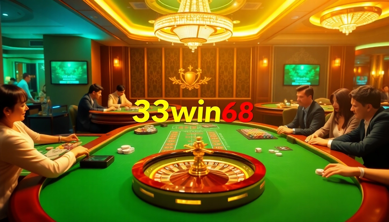 Rasakan sensasi perjudian dengan suasana kasino yang dinamis di 33win68, menampilkan meja-meja elegan dan pemain yang terlibat.