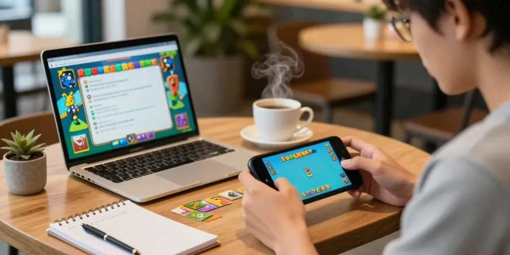 Engaged player enjoying Rumble Rummy on a smartphone in a vibrant café environment