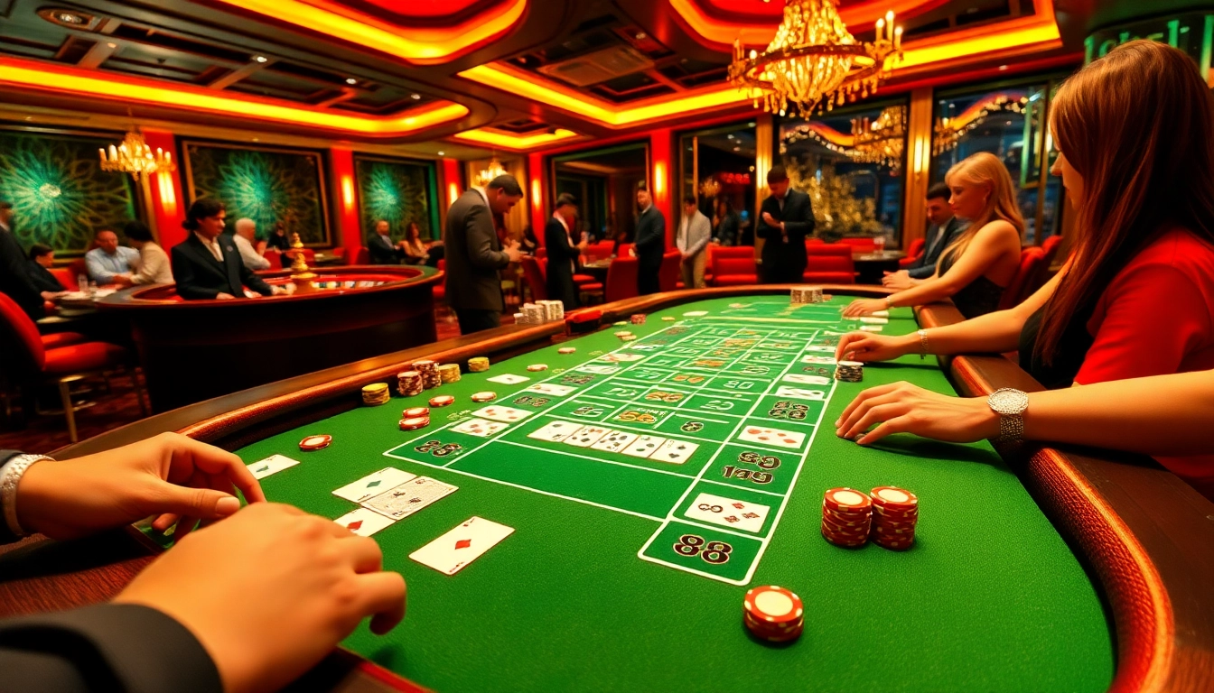The thrilling game 98win showcases an exciting blackjack table surrounded by focused gamblers.
