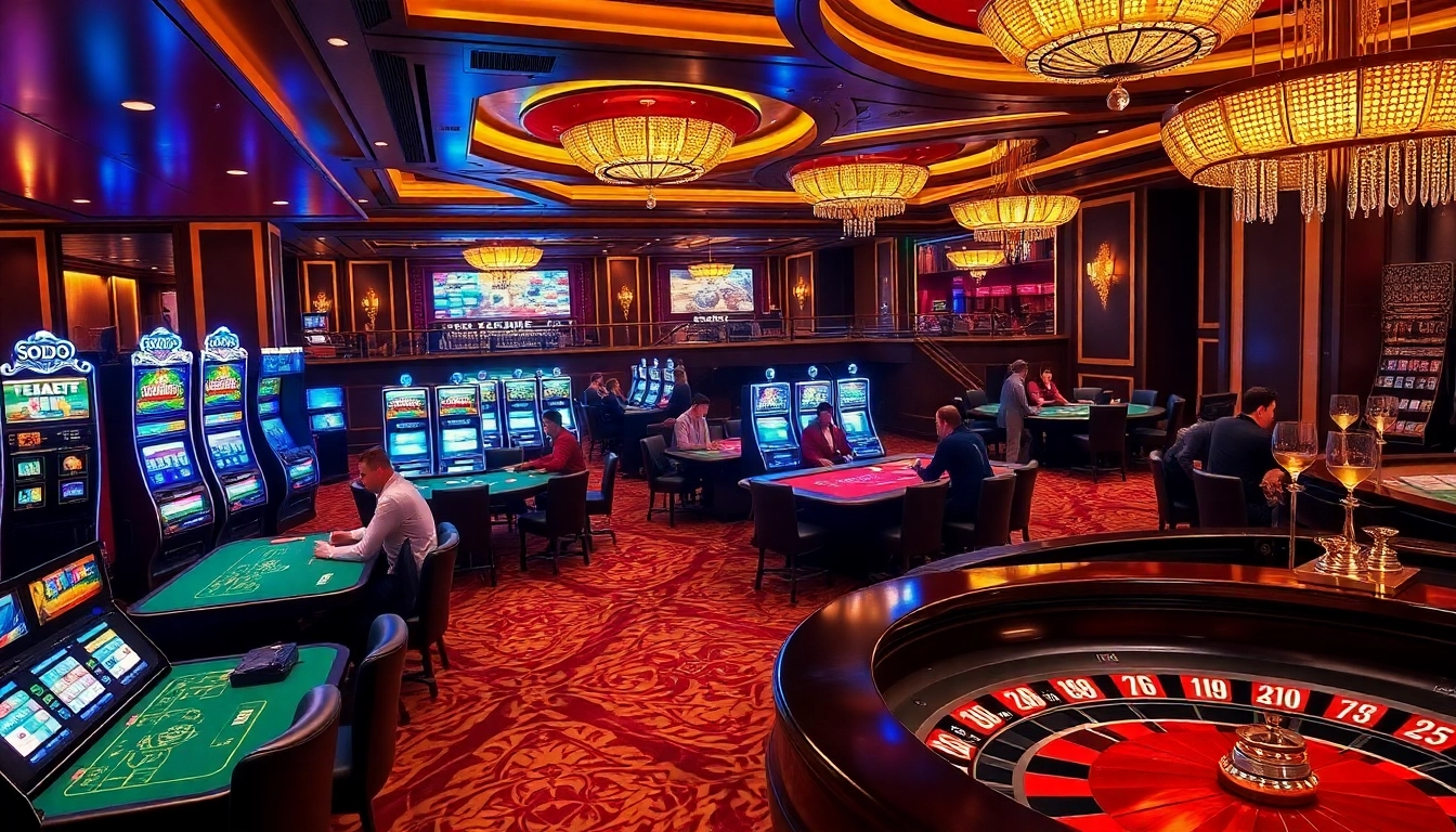 SODO casino ambiance featuring high-stakes poker tables and vibrant slot machines in a luxurious setting.