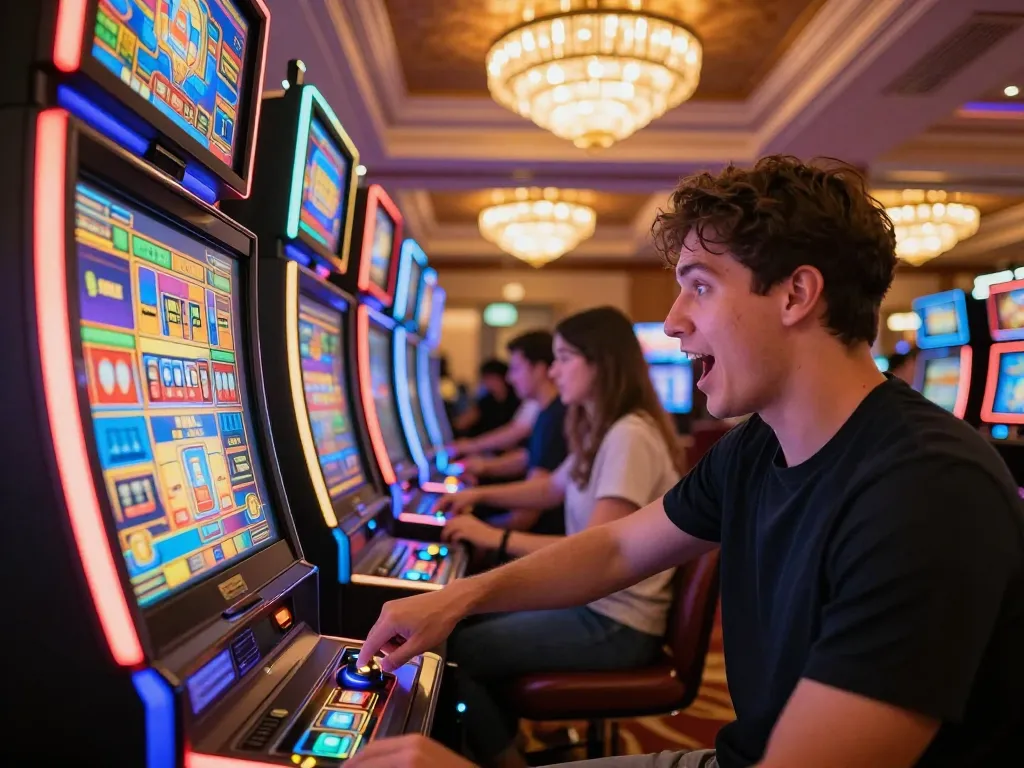 Player enjoying okking slot machine game amidst colorful casino atmosphere.